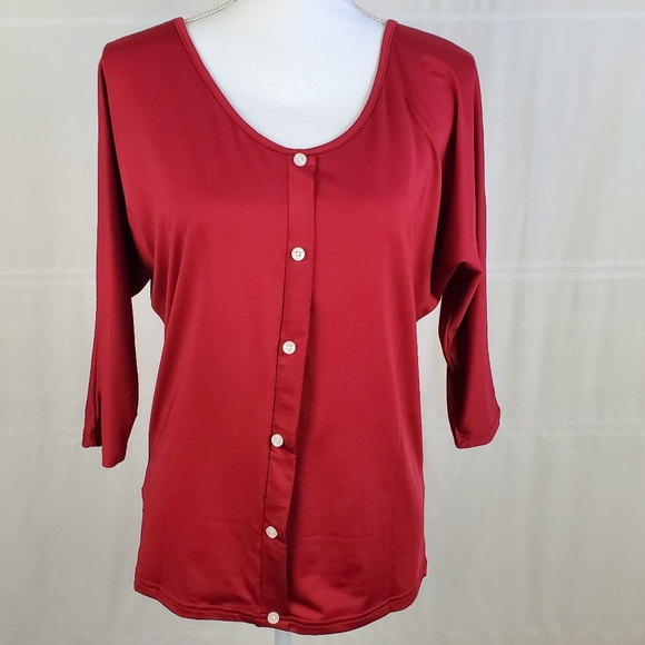 Red scoop neck pullover top faux button front L - Picture 1 of 7
